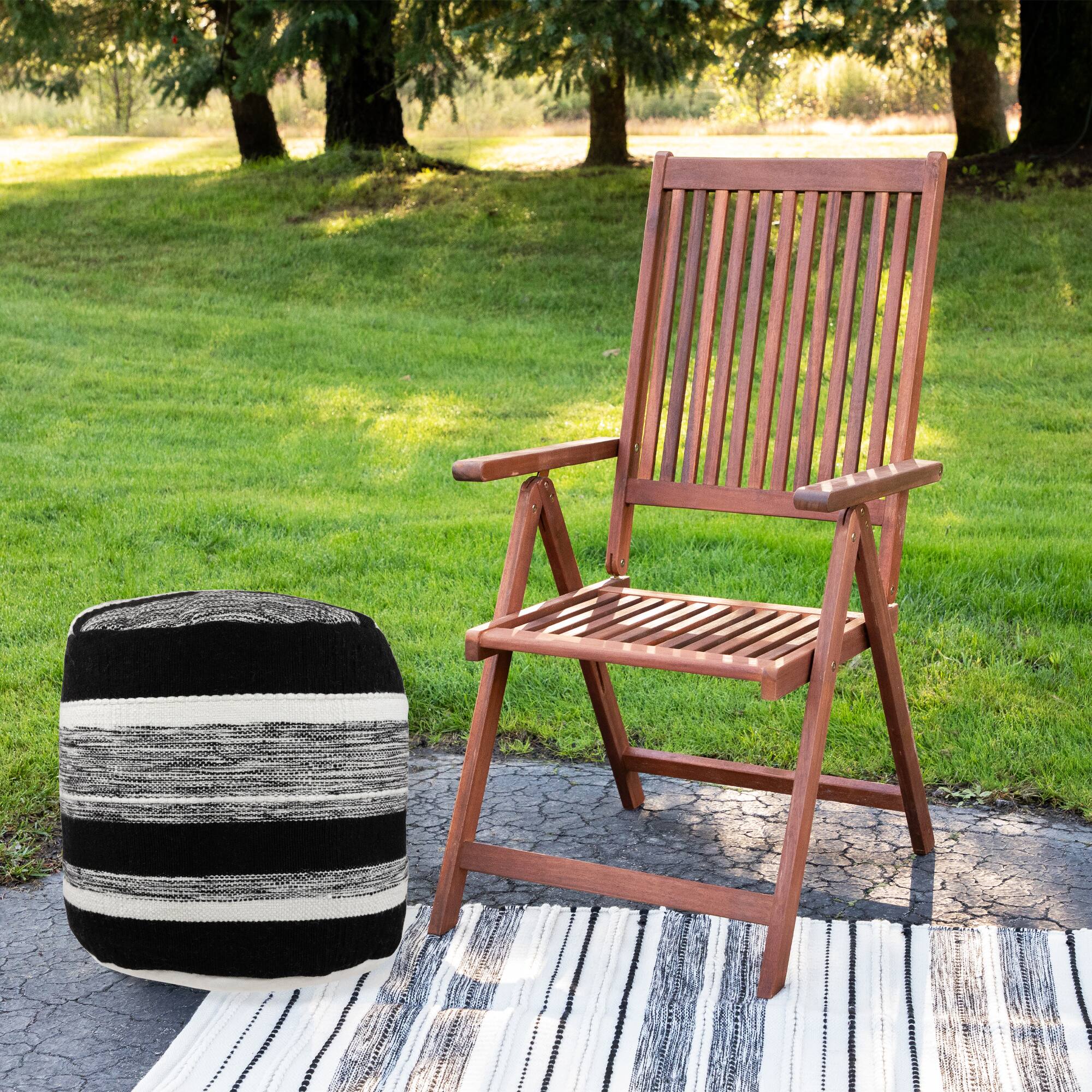 18" Black & White Woven Stripes Outdoor Pouf Ottoman